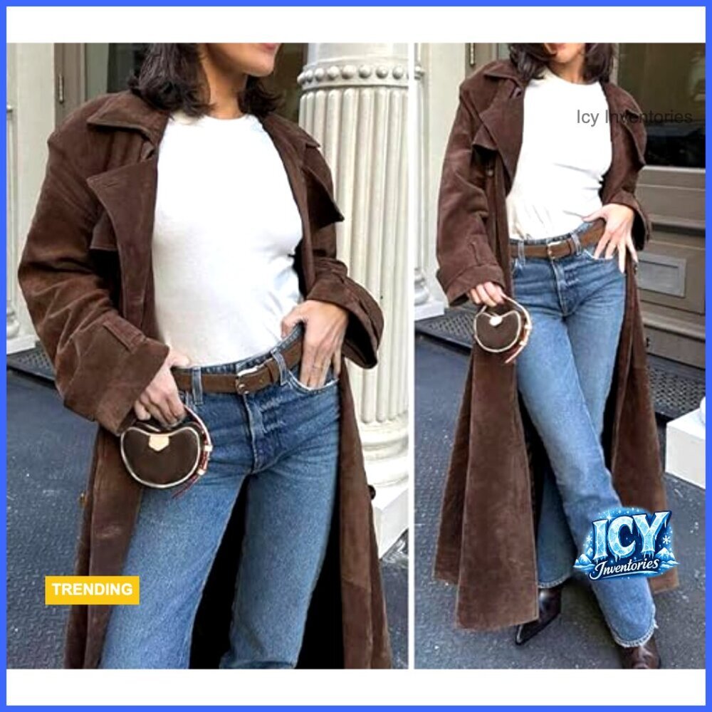 Faux Suede Long Trench Coat Notched Lapel Double Breasted Pea Coat with Belt - Picture 6 of 7
